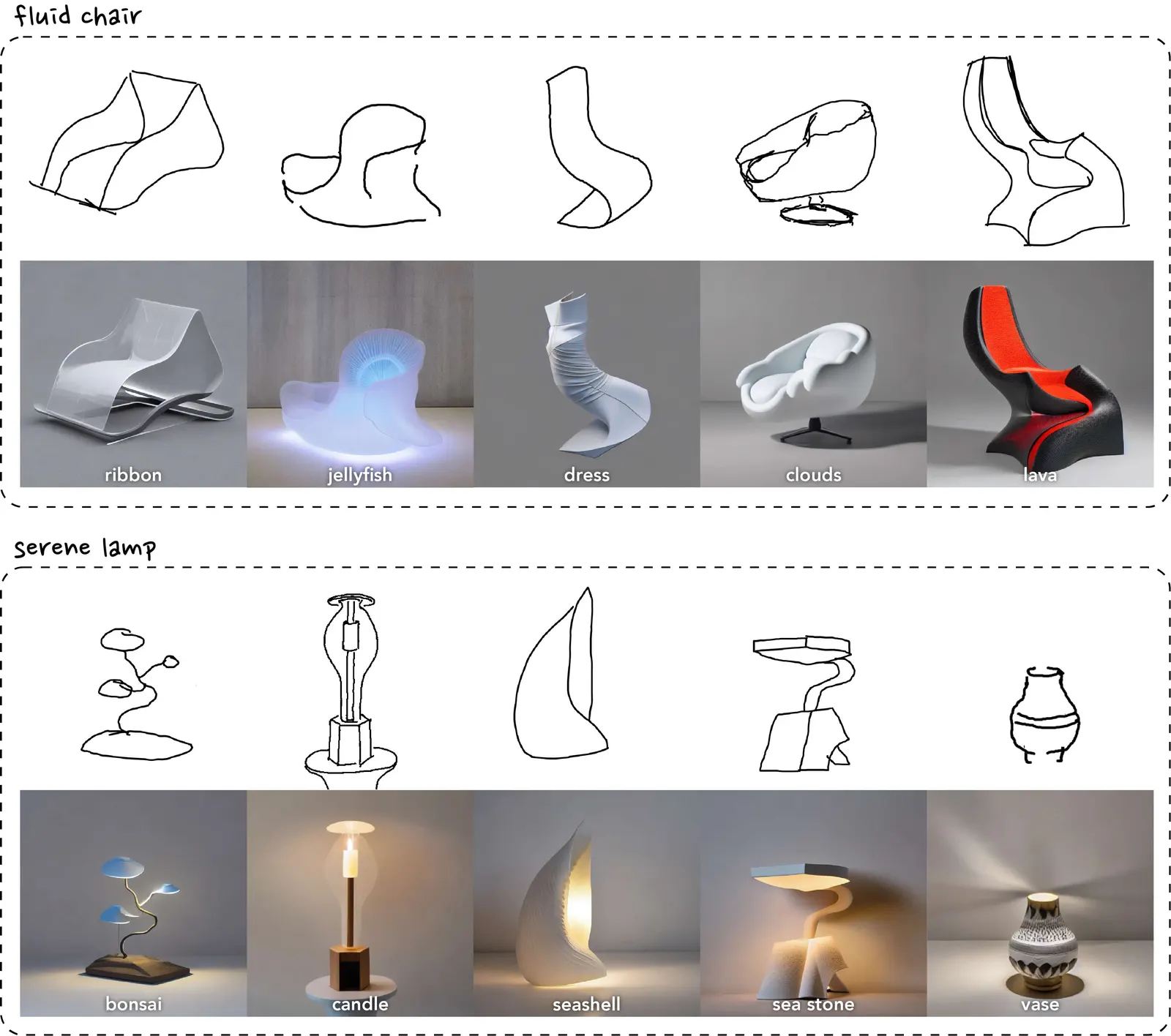 Ten participant designs: five fluid chairs inspired by ribbon, jellyfish, dress, clouds, and lava, and five serene lamps inspired by bonsai, candle, seashell, sea stone, and vase, each with the final sketch above the generated image.